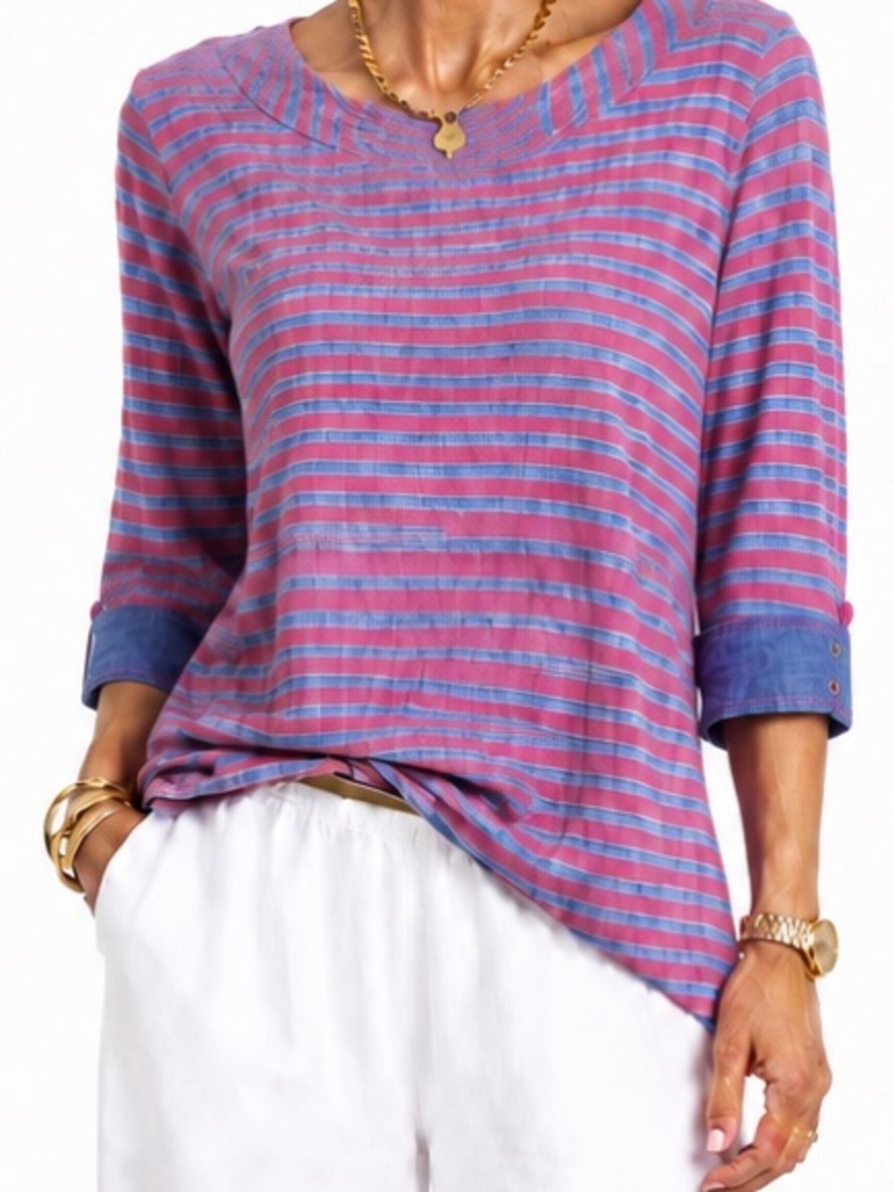 TALBOTS NAUTICAL DENIM/PINK STRIPED 3/4 SLEEVE SWEATSHIRT SZ 1X